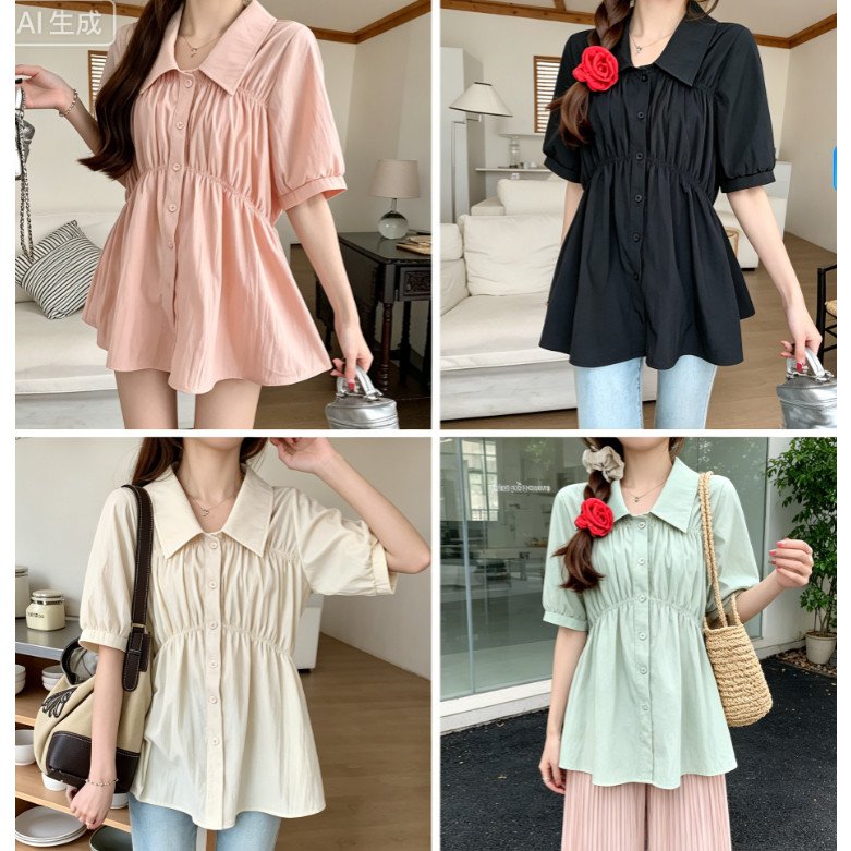 66033 Bao Bụng Nẹp Vai Ngắn Tay Áo Sơ Mi Nữ Mùa Hè Mỏng Hơn Nhìn Xù Áo Sơ Mi Cho Bé Top