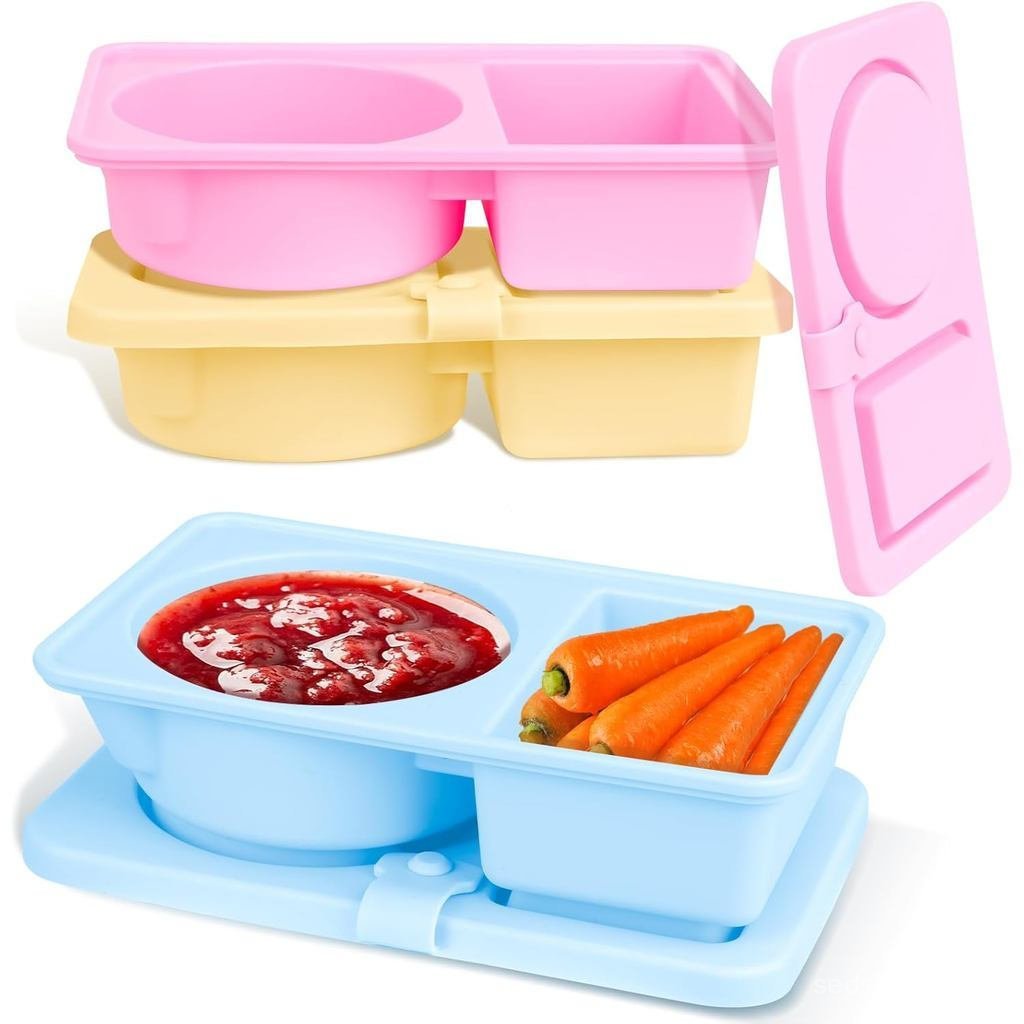 3Reusable snack containers with lids，Double compartment snack box，Salad dressing condiment container
