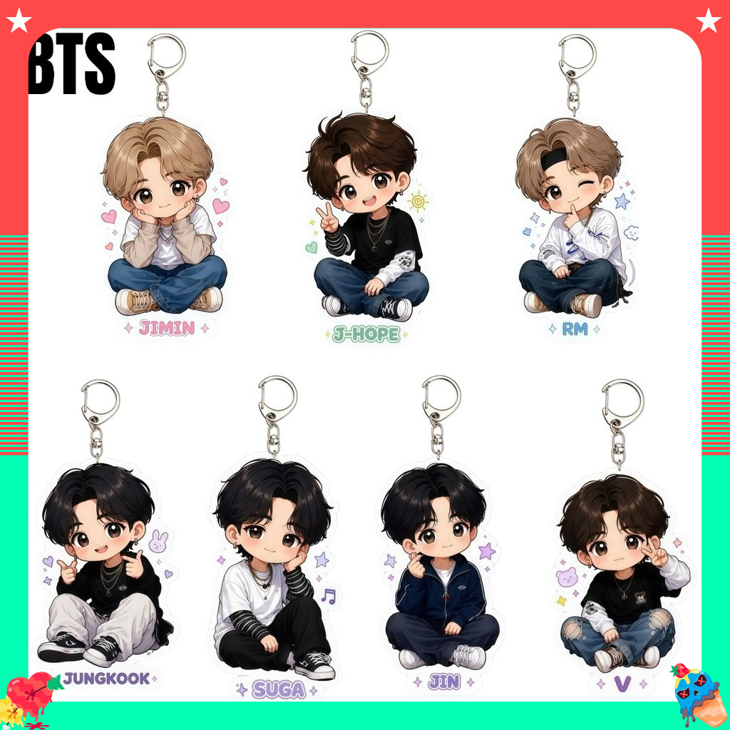 KPOP BTS Hoạt Hình Dễ Thương Acrylic Móc Khóa JK V JIMIN RM JIN SUGA JOPE ARMY Fan Merch