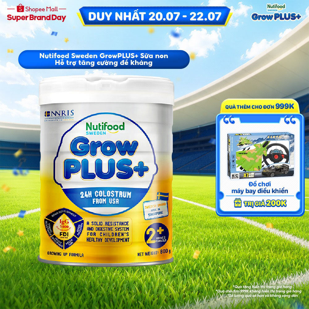 Sữa bột Nutifood GrowPLUS+ Sữa Non 2+ 24h hỗ trợ tăng đề kháng (vàng) - Lon 800g