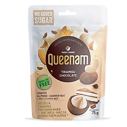 Socola Tiramisu - hạnh nhân - hạt điều - mắc ca không đường Queenam - gói 75g