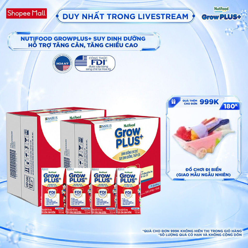 Thùng SBPS Nutifood GrowPLUS+ ít đường Suy Dinh Dưỡng - Trên 1 Tuổi -  (48 Hộp x 110ml) (Bao bì tùy 