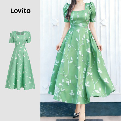 Đầm nữ Lovito thanh lịch xanh lá xuân hè dây kéo xếp nếp phong cách L178LD2035