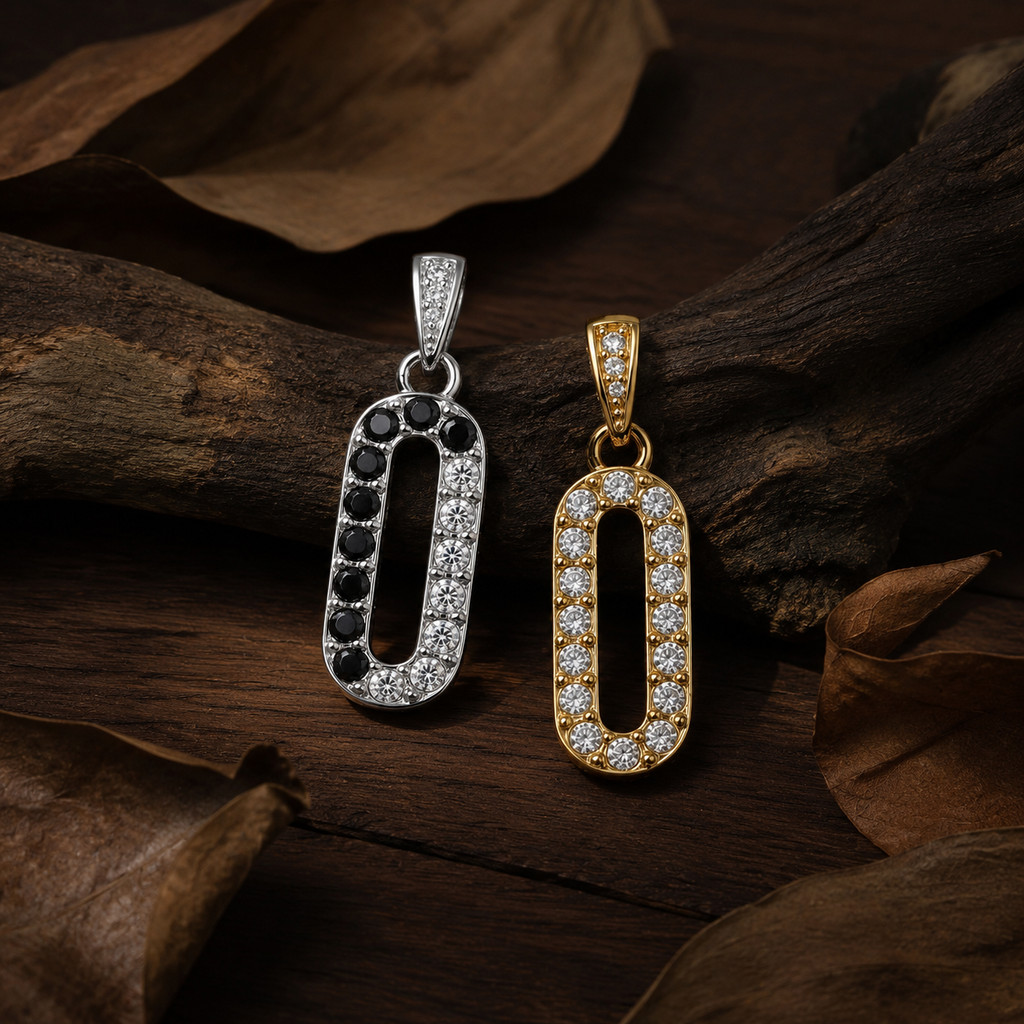 St_Delan Mặt charm hình đường băng bầu dục rỗng vi khảm Zircon hai hàng song song thép316L mạ PVD và