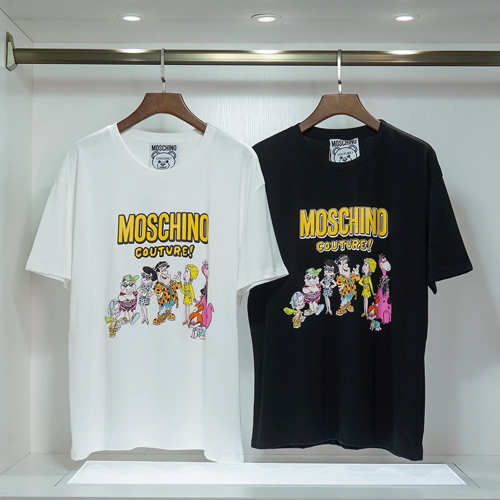 MOSCHINO Phong Cách Mới 230g Đôi Dây 32 Đếm Sợi Đôi Vải Cotton Nguyên Chất Nam Nữ Cùng Phong Cách Áo