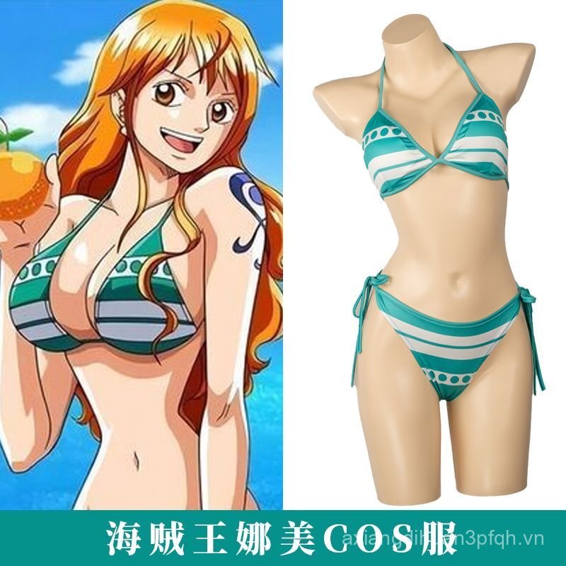 Anime One Piece Nami Trang Phục Hóa Trang Nữ Xanh Trắng Sọc Bikini Đồ Bơi Nami Cùng Phong Cách Trang