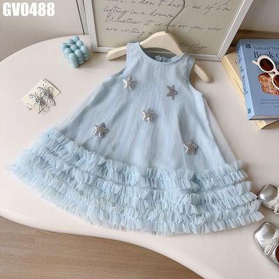 Váy Công Chúa Bé Gái Chữ A Sát Nách Voan Bèo Tầng Đính Sao Ánh Kim Hai Màu Mềm MINTSCLOSET GV0488