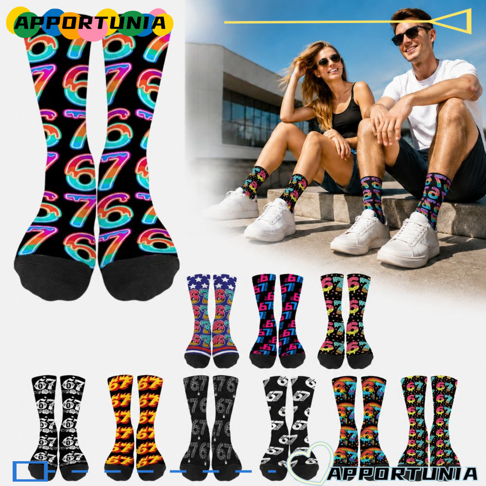 APPORTUNIA 67 Meme Crew Tất Dài, Hoạt Hình Ấm Áp 67 Meme Kem Tất, Cotton Thoáng Khí Độc Đáo Nhẹ Sáng