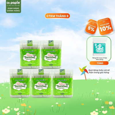Combo 5 hộp tăm bông thân giấy Dr.Papie 2 đầu tròn 100% cotton mềm mại, an toàn, vệ sinh cho bé sơ sinh (280c /hộp)