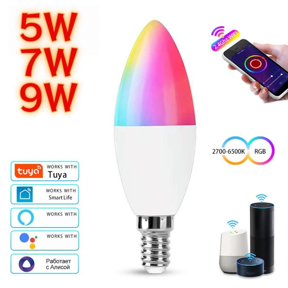 5 / 7 / 9W Tuya WiFi thông minh ZigBee Bluetooth Nến Bóng đèn LED 220V E14 RGB Đèn LED có thể điều c