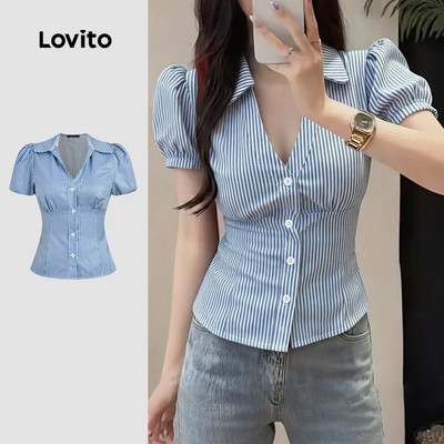 Lovito Áo phong cách thường ngày họa tiết hình học mùa xuân/hè màu xanh dương cho nữ L177ED128