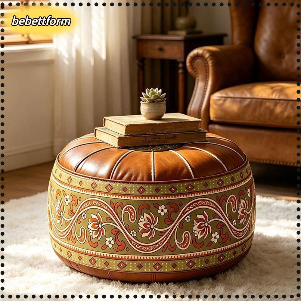 BEBETTKISS Storage Ottoman, Phong Cách Ma-rốc Hình Tròn Có Thể Lấp Đầy Ottoman Pouf, Da PU Họa Tiết 