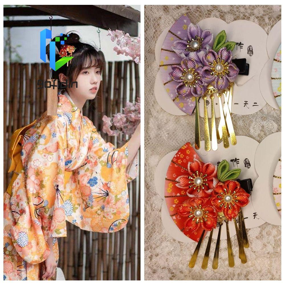 GOFIDIN Mũ kimono Nhật Bản, Kẹp tóc tua rua Sakura, Phụ kiện tóc cô gái hoa đơn giản Kẹp tóc phong c