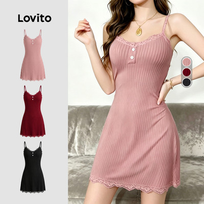(New Arrival) Lovito Casual Váy ngủ dây đơn màu trơn trang trí nút áo cổ xếp ly dùng hàng ngày dành cho nữ LNE147014