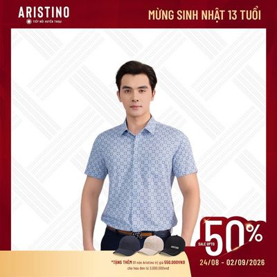 Áo Sơ Mi Nam Tay Ngắn Xanh In Aristino Perfect Fit ASS136AS3