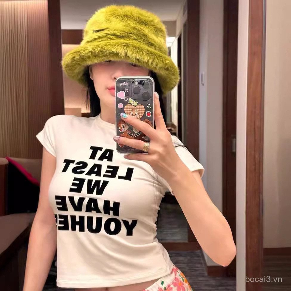 EMKM Spot Goods South Korea YOUHEE Flocked letter print sweet and cool slim-fit short-sleeve top T T