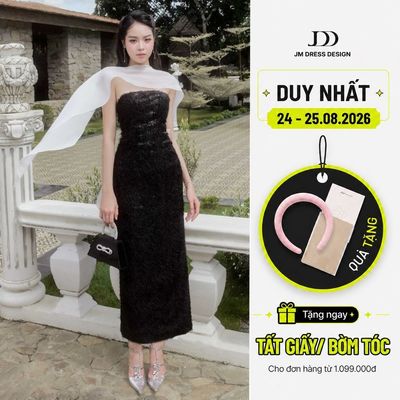 Đầm quây dáng suông phối khăn choàng 1P10.2505W. Đầm tiệc đen sang trọng, quý phái, gợi cảm nàng thơ thiết kế bởi JM