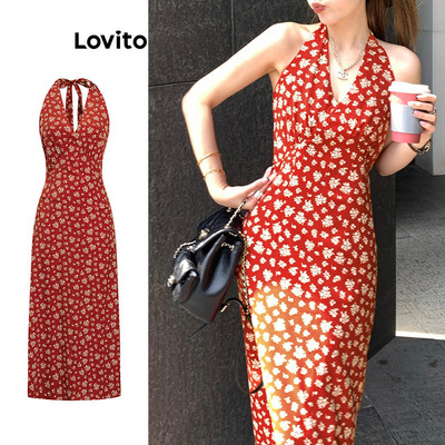 Lovito Kỳ nghỉ Đầm Lãng Mạn Họa Tiết Hoa Nhí Xếp Ly Buộc Dây Phía Sau Dành Cho Nữ L106AD891