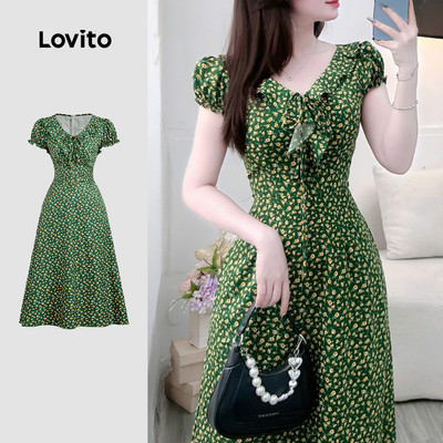 Đầm nữ Lovito Kỳ nghỉ xanh lá xuân hè xếp nếp nơ L178ED376