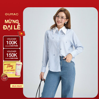 Áo Sơ Mi Nữ GUMAC Áo Kiểu Tay Dài Kẻ Sọc Xanh Cổ Phối Trắng Vải Kate Cao Cấp Trẻ Trung AG01009