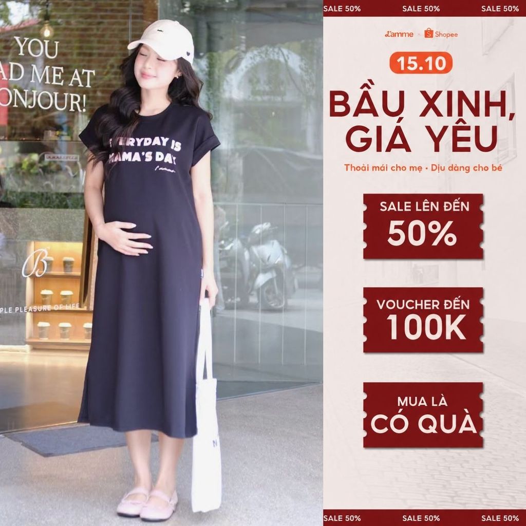 Váy Bầu, Đầm Bầu Dáng Suông MAMA DRESS Chất Liệu Dày Dặn, Thấm Hút Mồ Hôi In Hình Sắc Nét - Lamme