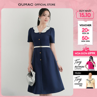 Đầm nữ dáng A xòe phối bâu trắng đính nút xanh đen tôn dáng sáng da thời trang GUMAC LDD1214