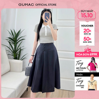 Chân váy nữ A màu xám xếp ly trước kiểu lệch đính nút bọc hai lỗ mắt cáo cách điệu thời trang GUMAC LVF0619