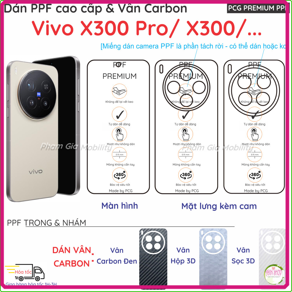 Dán PPF & Skin Carbon Vivo X300/ X300 Pro loại trong, nhám cho màn hình, mặt lưng chuẩn xịn