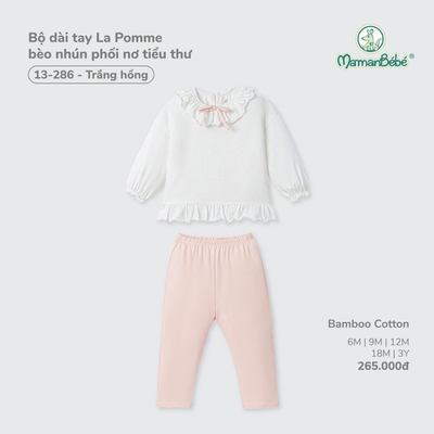 Bộ dài tay La Pomme bèo nhún phối nơ tiểu thư - Sợi Bamboo Cotton mềm mại - Bé gái - 6M - 3Y