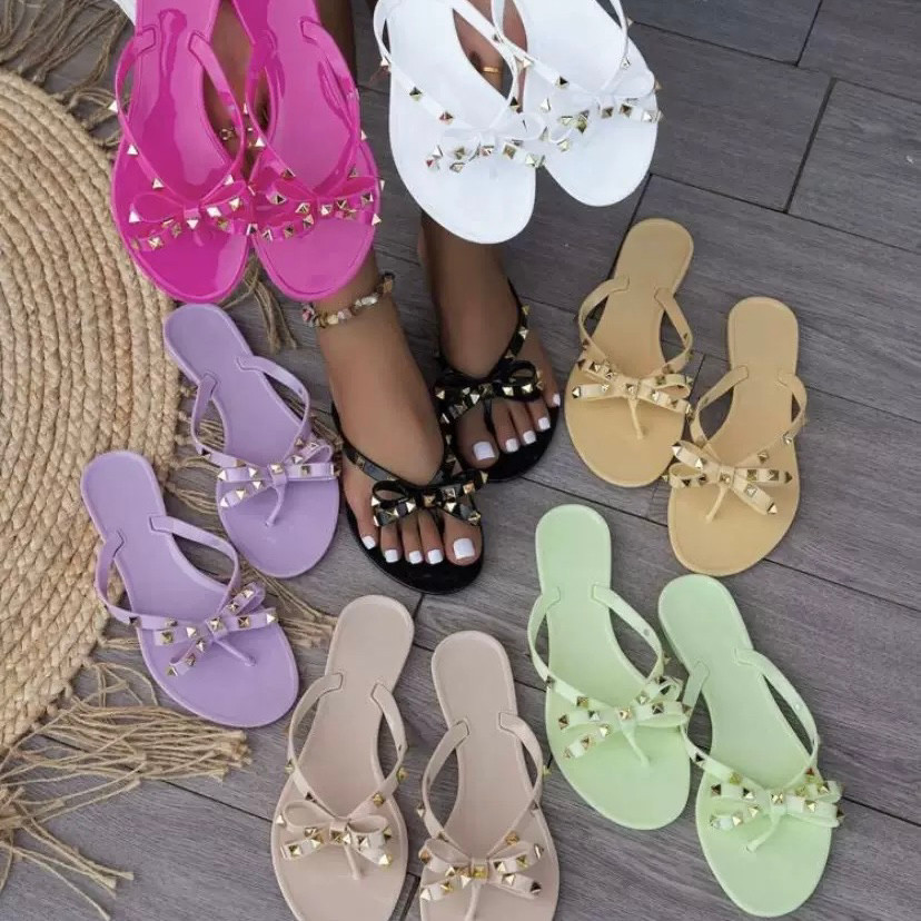 Lật Lật Dép Châu Âu Mỹ Mùa Hè Flip-flop Nơ Đinh Tán Đi Biển Kỳ Nghỉ Flip-flop Flat Nữ Dép Dép