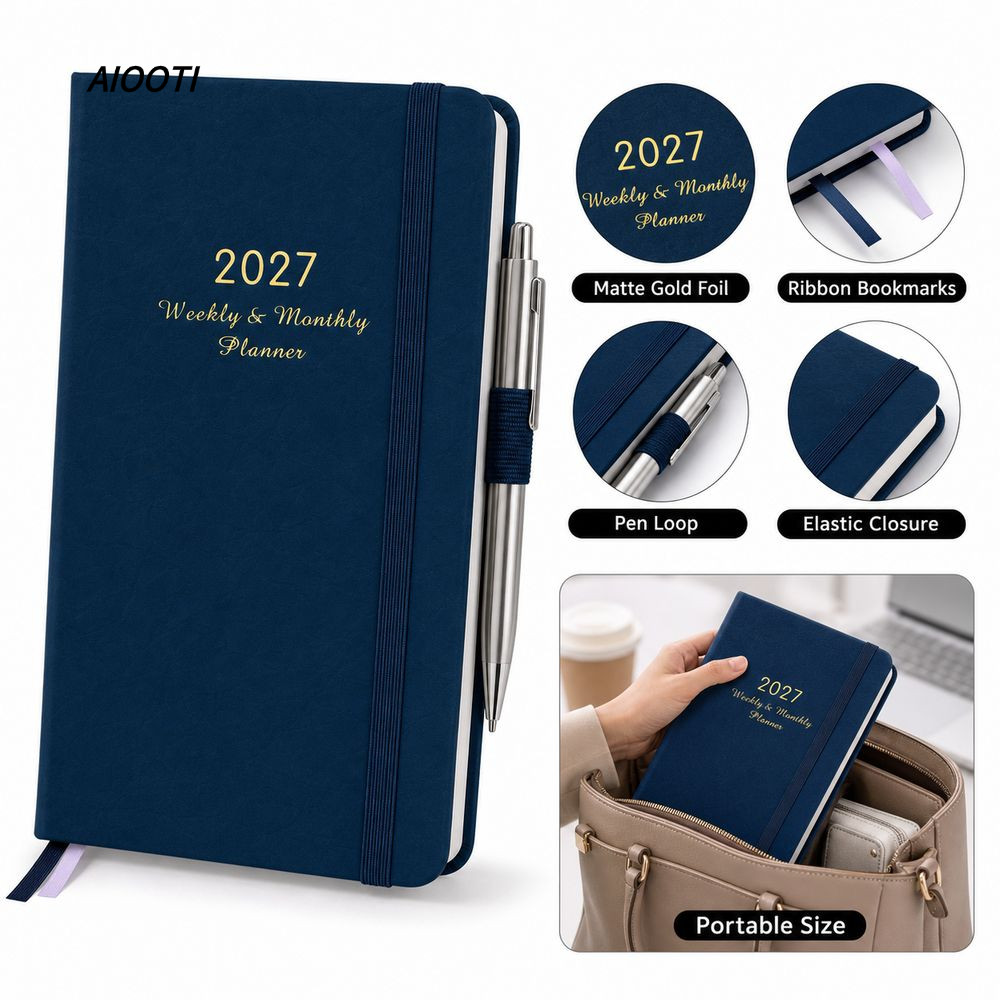 AIOOTI 2027 Planner Notebook, Ribbon Bookmark Leather Planner Hàng tuần, Pen Loop Elastic Band Plani