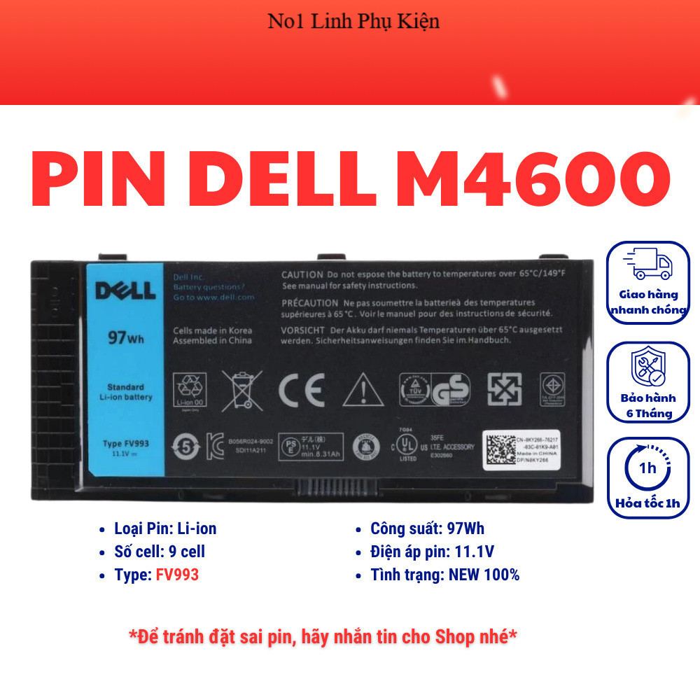 Pin thay thế cho Laptop Dell Precision M4600 M4700 M4800 M6600 M6700 M6800 – M4600 (ZIN) – 9 CELL - 