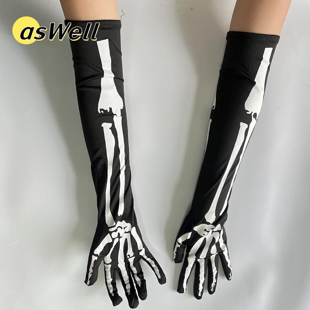 Găng tay đầu lâu ASWELL, Găng tay xương dài đàn hồi, Găng tay Cosplay toàn ngón tay Tiệc Halloween