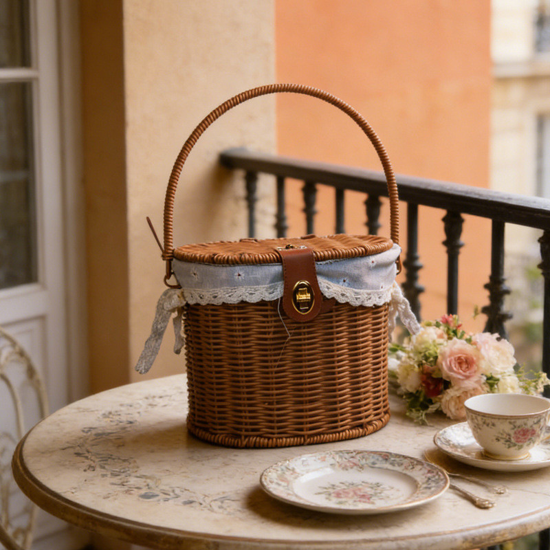 Giỏ đựng đồ giả mây đan tay cầm, giỏ xách phong cách đồng quê, giỏ quà, picnic có nắp