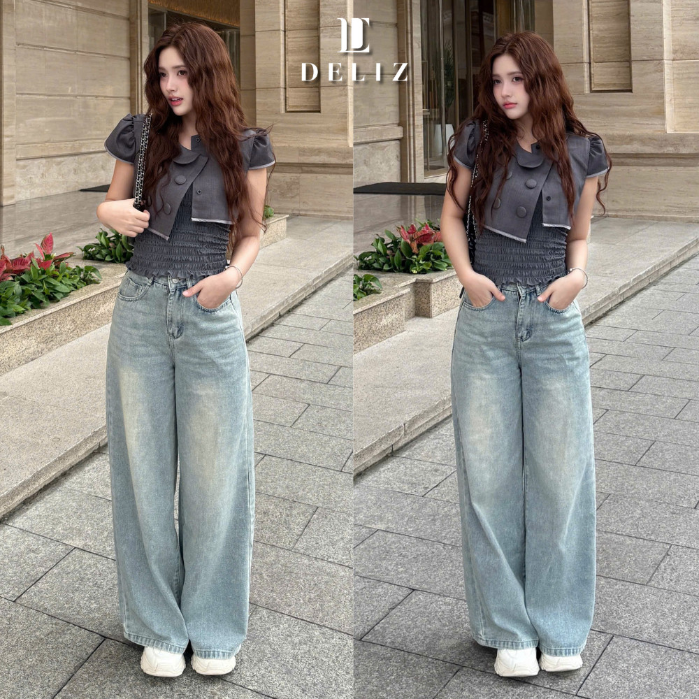DELIZ - Quần jean nữ ống rộng cạp cao chất liệu jean denim mềm tôn dáng J412 DELIZ