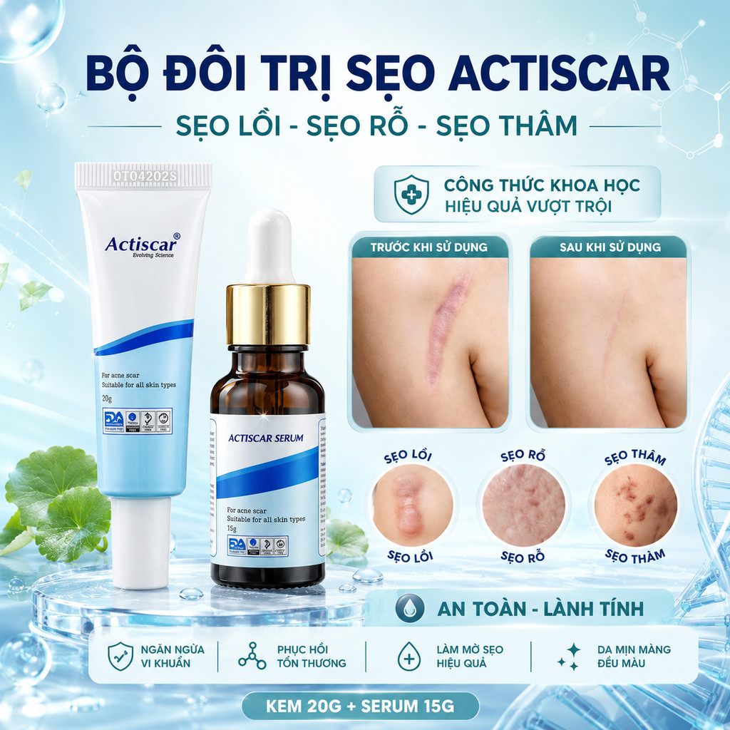 Kem Và Serum Sẹo Actiscar 15ml 20g Hỗ Trợ Mờ Sẹo Lồi Lõm Rỗ Sẹo Thâm Sẹo