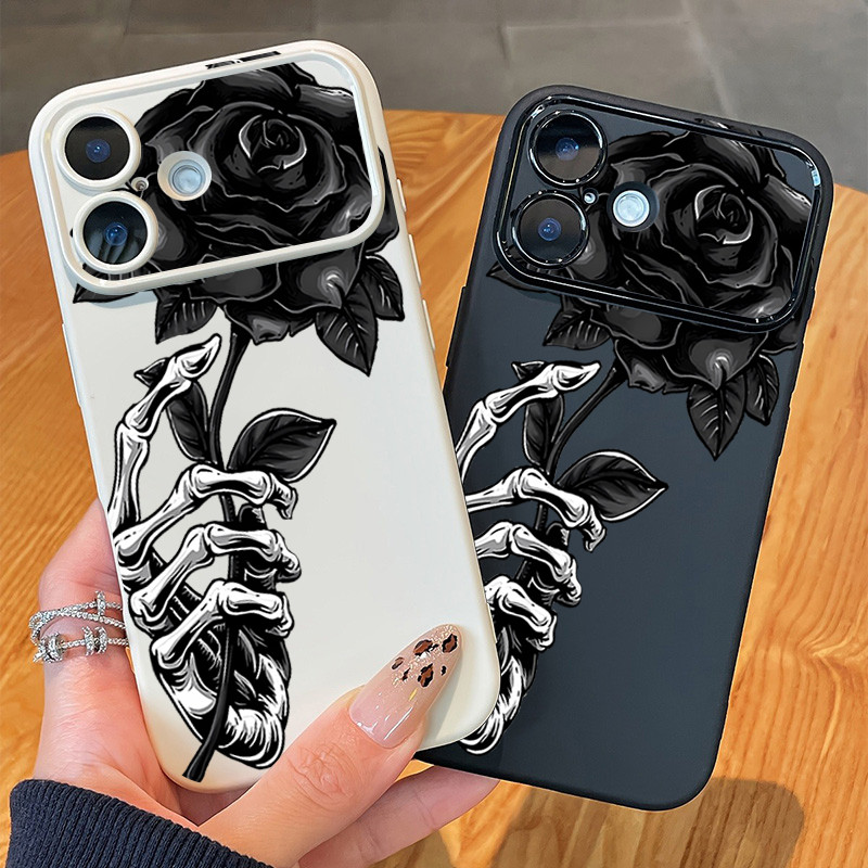 Ốp Lưng cửa sổ lớn Skeleton tay Hồng Hoa cho iPhone 17 14 13 16 15 11 12 Pro Max 7 8 Plus XR XS Max 