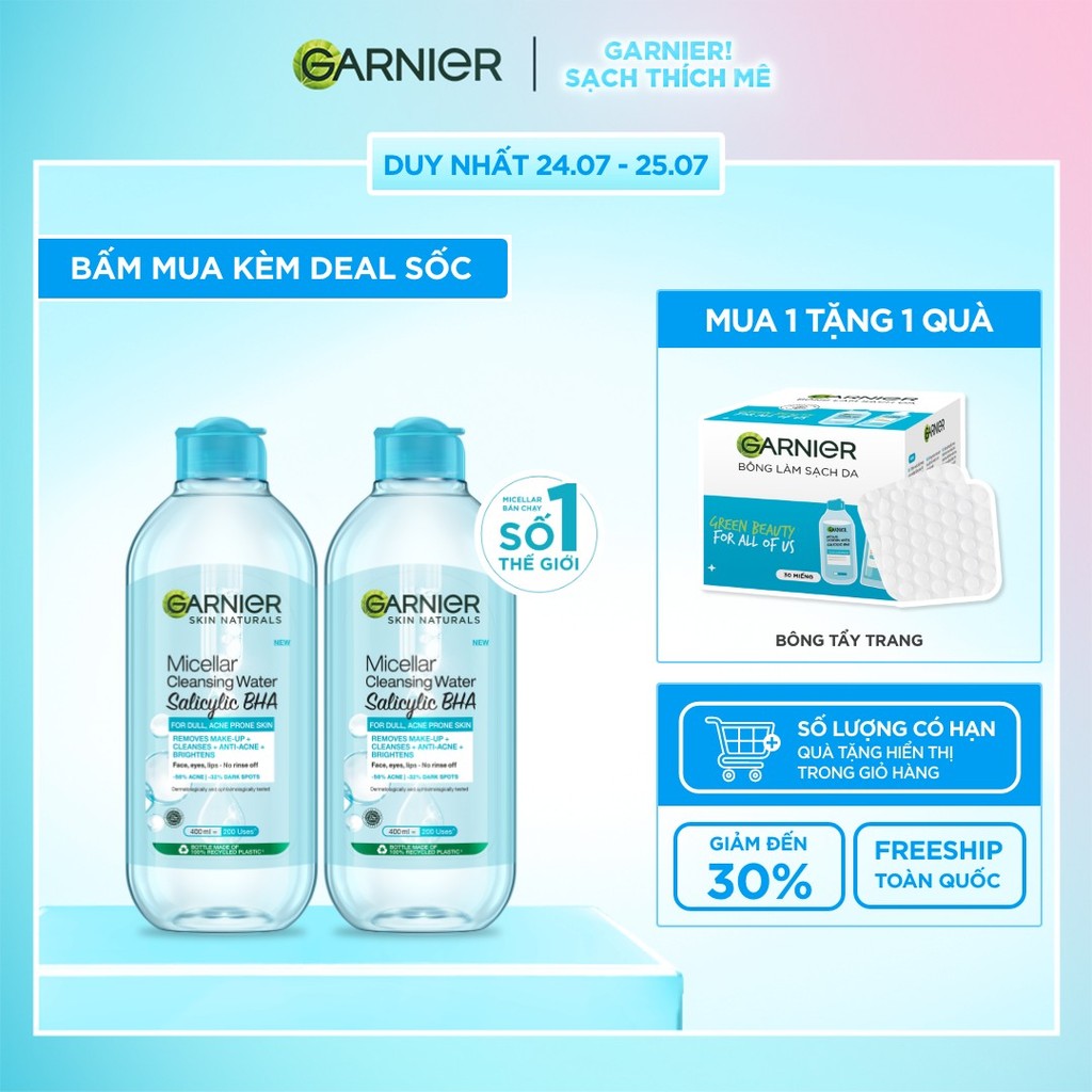Bộ 2 Nước tẩy trang Garnier Cho Da Dầu Mụn Salicylic BHA Micellar 400ml x 2 (mới)