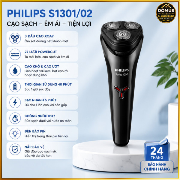 MMáy Cạo Râu Điện Philips S1301/02 Chống Nước IPX7 Sạc Nhanh 5 Phút Chính Hãng