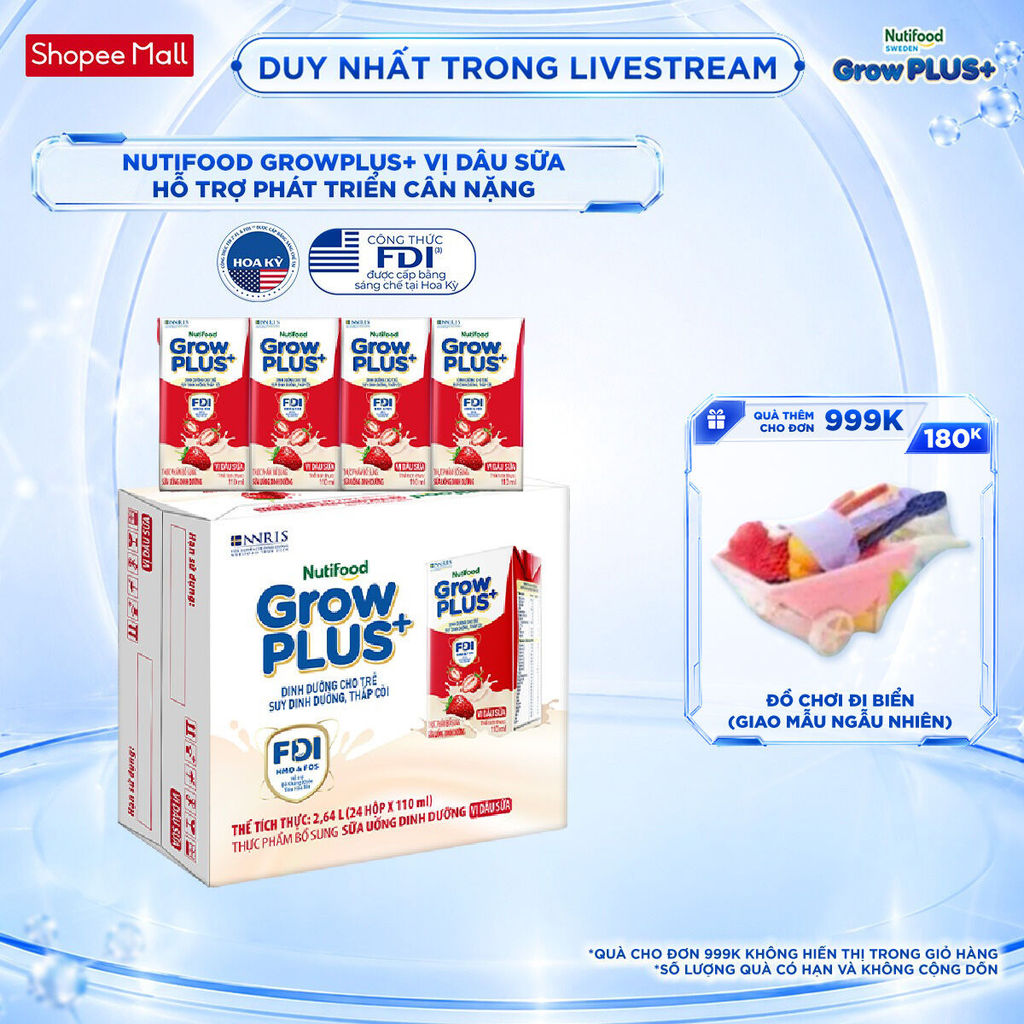 Thùng 24 hộp Sữa bột pha sẵn Nutifood GrowPLUS+ Vị Dâu hộp 110ml - Trên 1 tuổi (24 hộp x 110ml)