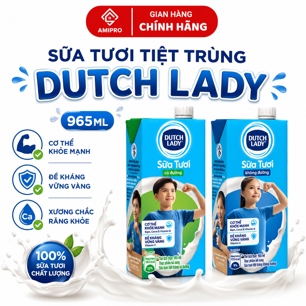 Sữa Tươi Dutch Lady 965ml - Sữa Cô Gái Hà Lan Có Đường, Không Đường Chính Hãng