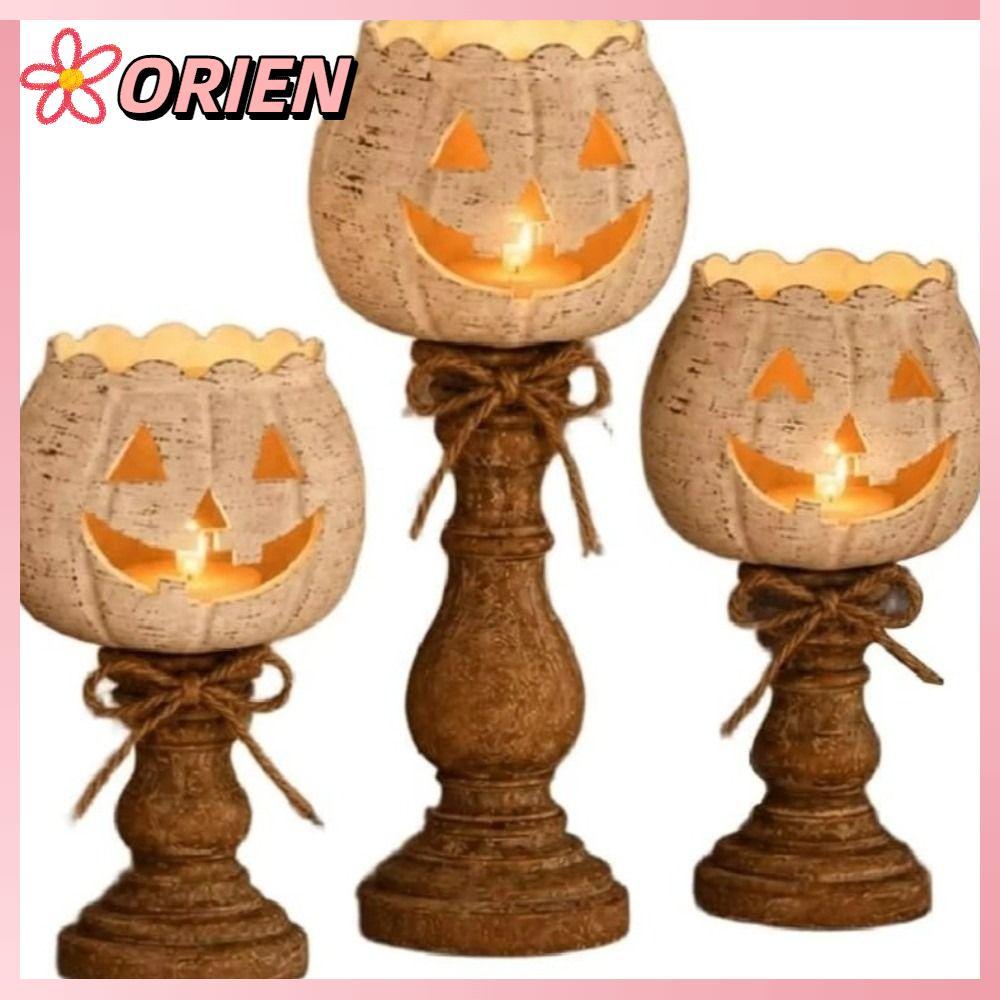 ORIEN Pumpkin Tealight Candle Holder, Cutout Face Retro Pumpkin Tealight Holder, Scalloped Top Wood-
