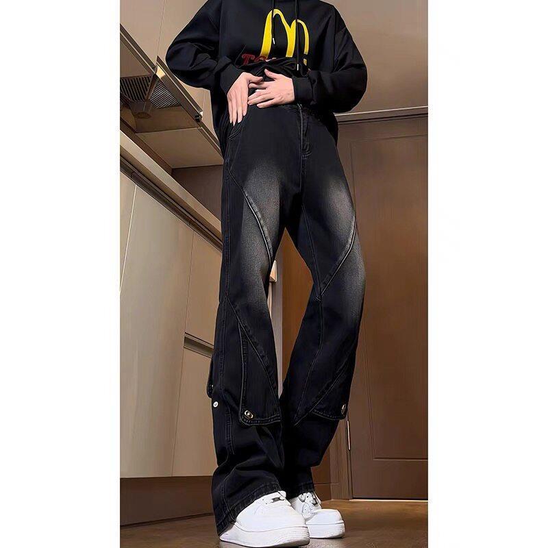 Đen Khâu Thẳng Quần Jean Nam Mỹ hiphop Quần High Street Slimer Look Raise Gear Micro loe Quần