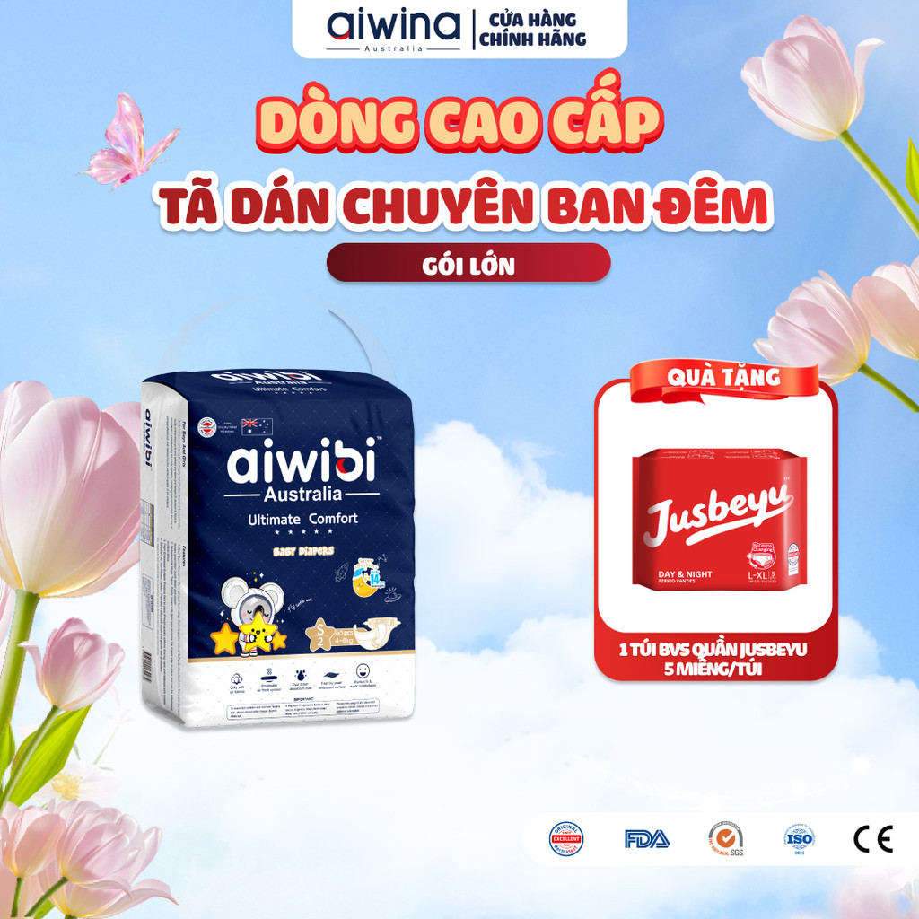 Tã/Bỉm Dán Cao Cấp Aiwibi Chuyên Ban Đêm Ultimate Comfort - Gói Lớn S/M/L