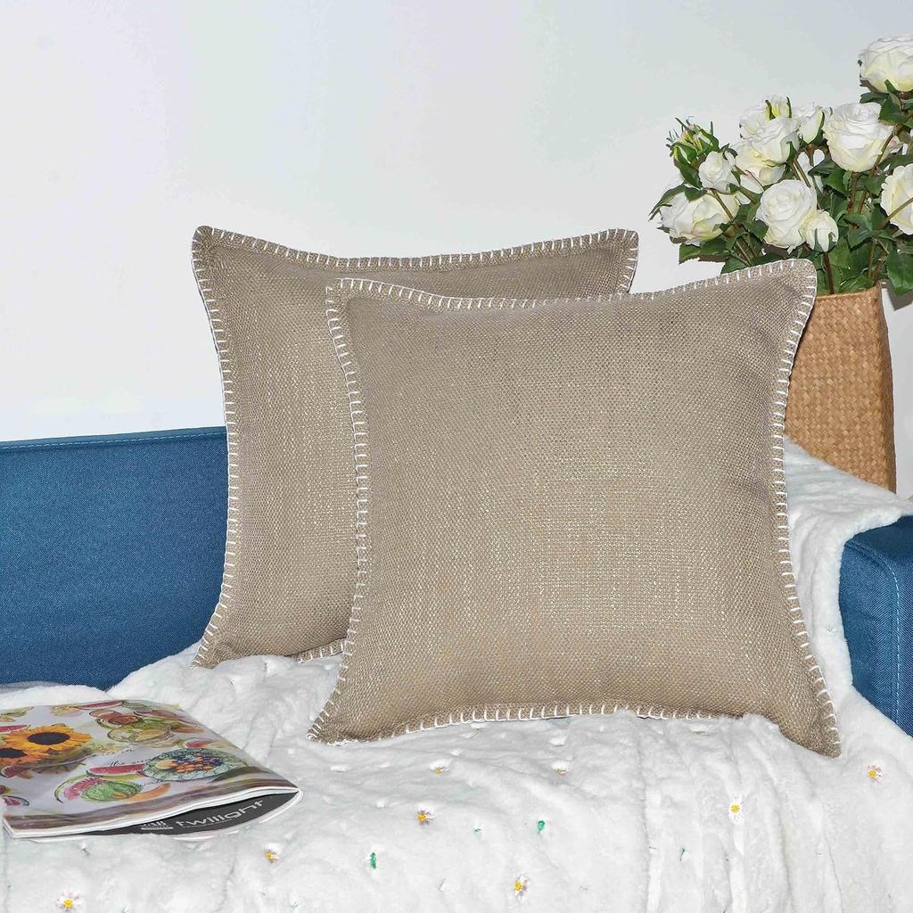 Ném Gối 18x18 Bộ 2 Vỏ Gối Viền Có Đường Ống Dẫn Mềm Mại Vải Lanh Cotton Mềm Mại Pha Trộn Đệm Cho Sof