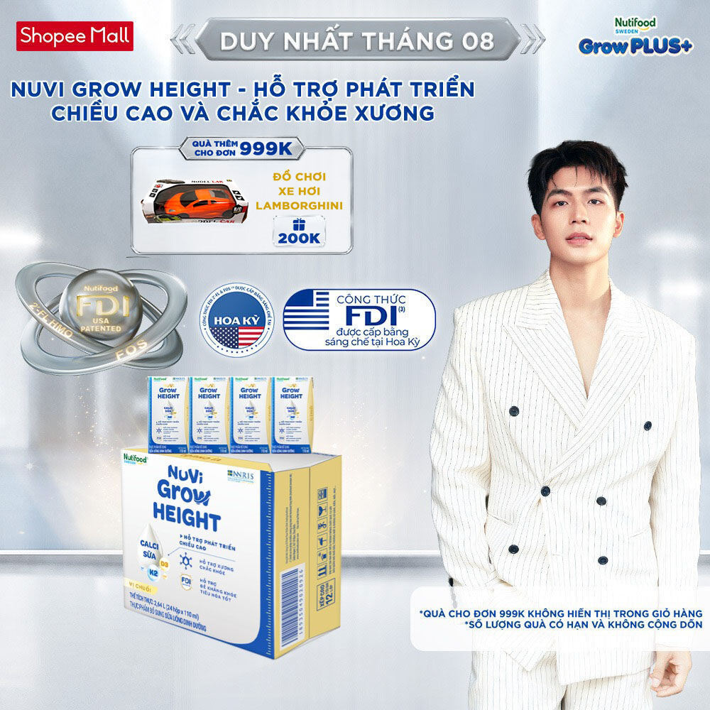 Thùng 24 hộp SBPS Nuvi Grow Height vị chuối 1+ hỗ trợ phát triển chiều cao hộp 110ml