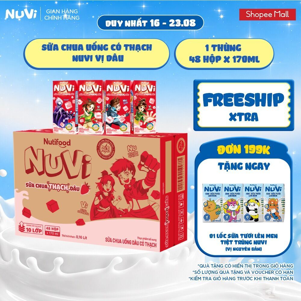 Thùng 48 Hộp Sữa Chua Uống Có Thạch NuVi Vị Dâu 170ml