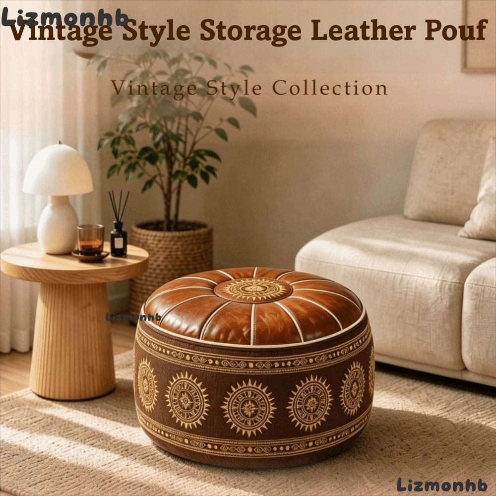 Ghế đẩu Ottoman tròn LIZMOLI, Vỏ bọc ghế chân bằng da PU, Phong cách cổ điển Hình tròn Hình học Bảo 