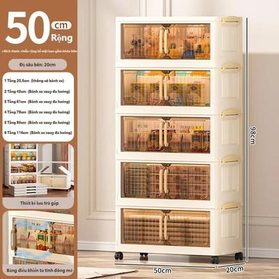 【Rộng 50】Tủ nhựa gấp xếp ngăn kéo, Tủ đựng đồ di động màu trà trong suốt, mặt kẻ sọc, bánh xe di chuyển dễ dàng