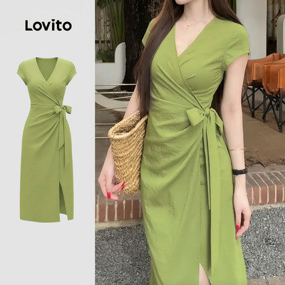 Đầm Lovito phong cách thường ngày xếp ly xẻ tà trước mùa xuân/hè màu xanh lá cho nữ LK5AD042
